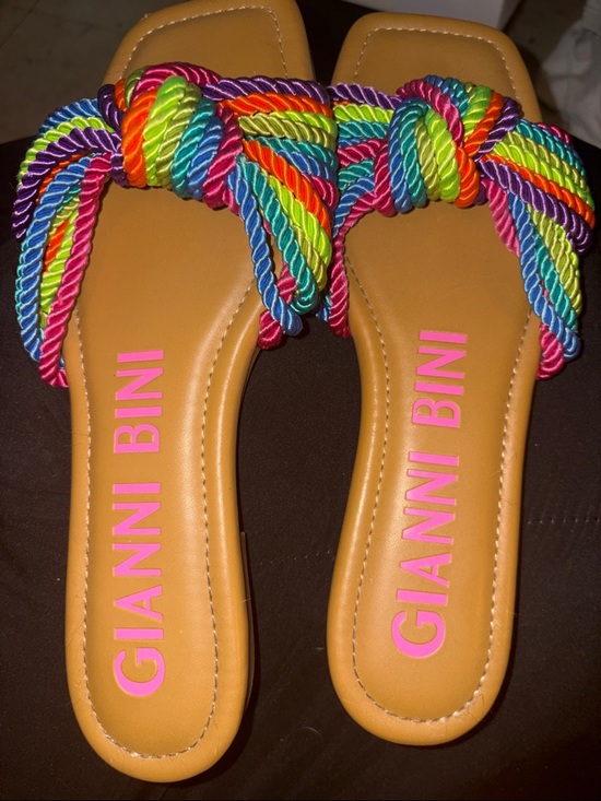Gianni Bini Shoes - Gianni Bini Tan Slides with Multicolor Knotted Rope Straps